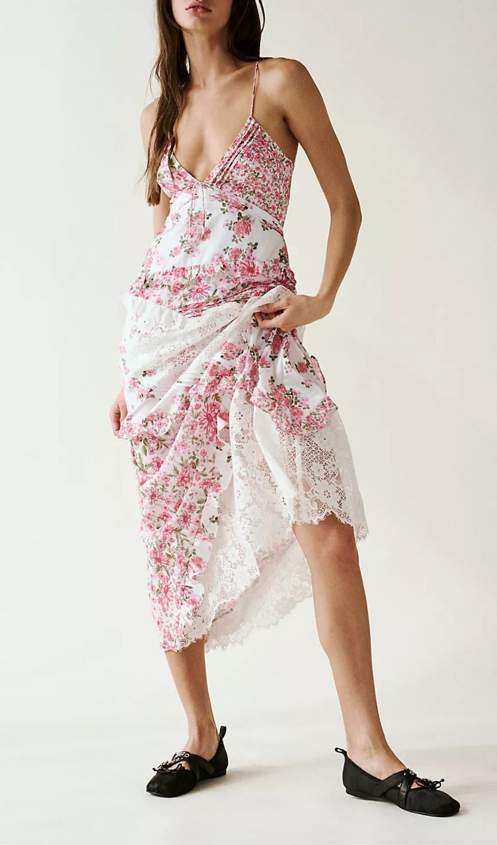 Fashionslee Women Georgia Pink V Neck Floral Print Lace Maxi Dress