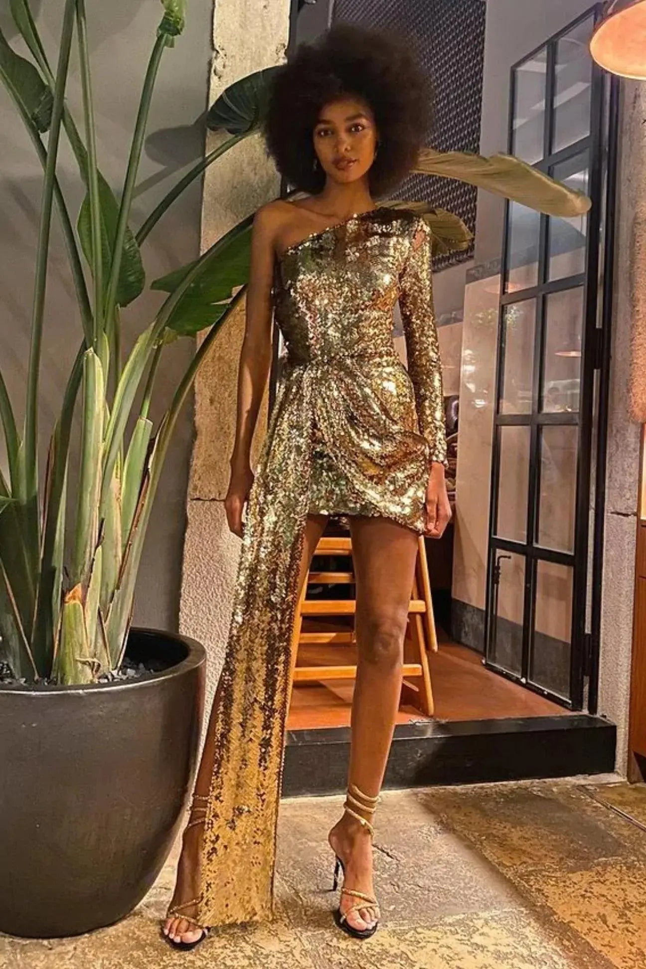 a34eb2e6b8e7d32fa0e21d1acd20e7e4.jpeg Fashionslee Women Sequins One Shoulder Mini Dress In Gold