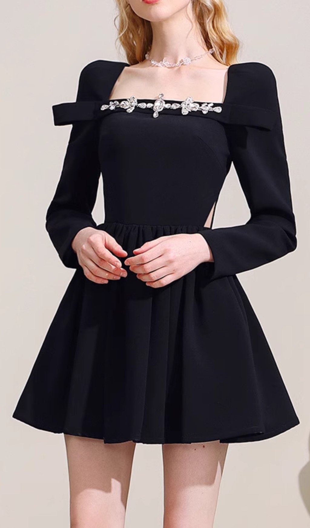 a35495fd4c82a9d0576bed7817a2cc97.jpg Fashionslee Women Cathal Black Long Sleeve Crystal Mini Dress
