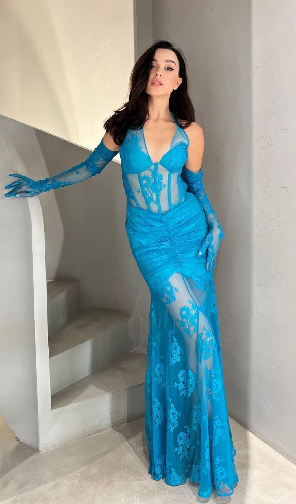 Fashionslee Women Aoife Blue Bustier Floral Lace Gown