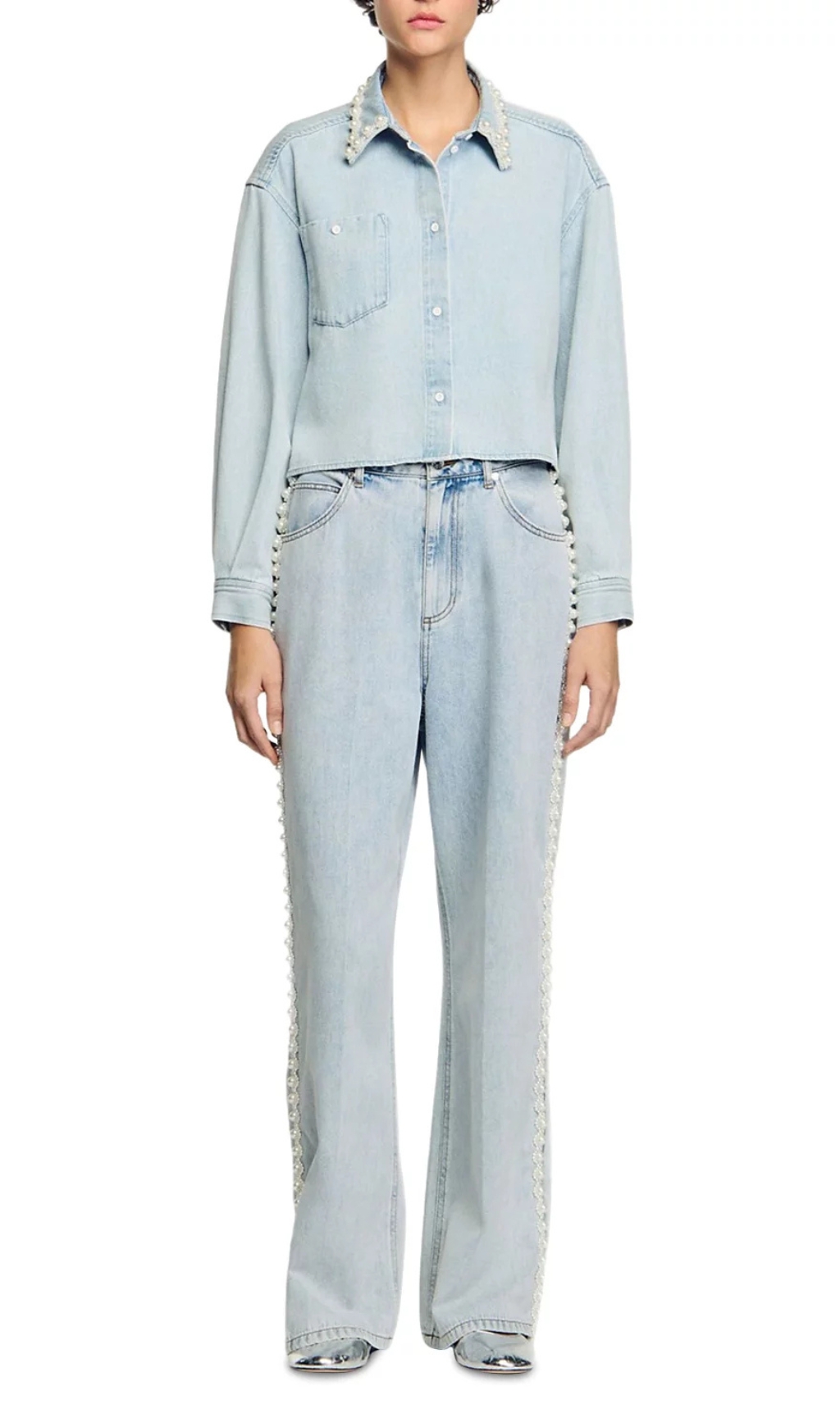Fashionslee Women Beaded Collar Denim Shirt