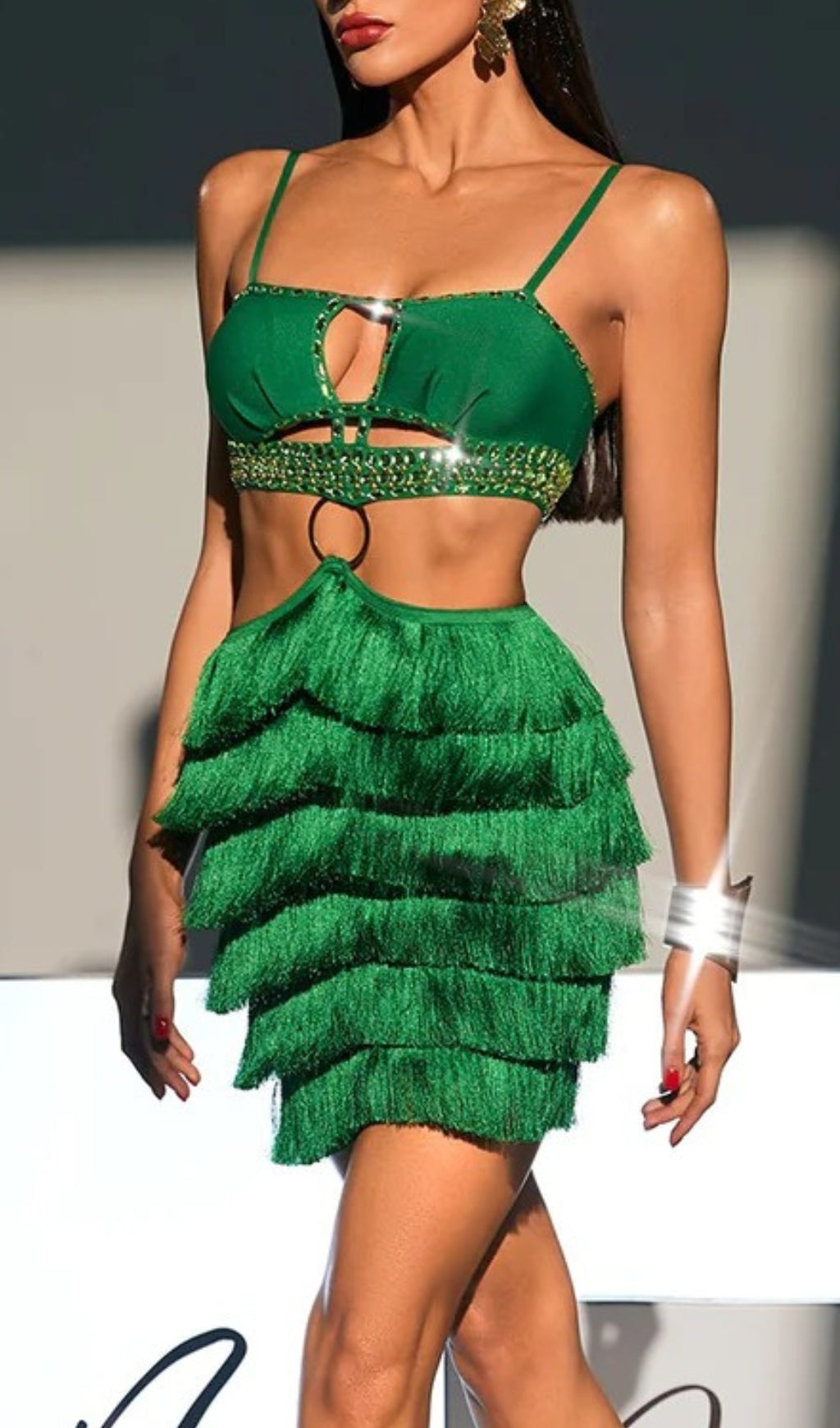a38b8c9c30b5b8668b54cd002419a352.jpeg Fashionslee Women Analeigh Green Rhinestone Cutout Fringe Dress