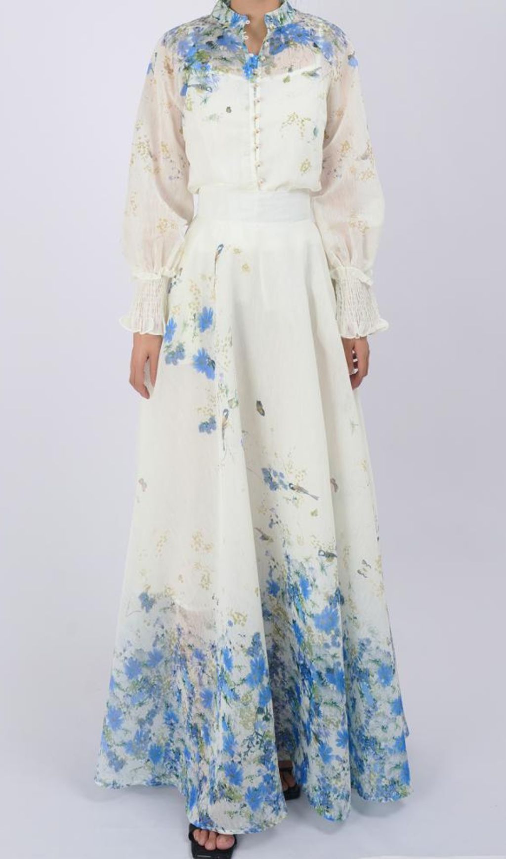 Fashionslee Women Grace Blue Floral Printed Long Sleeve Shirt & Skirt Set