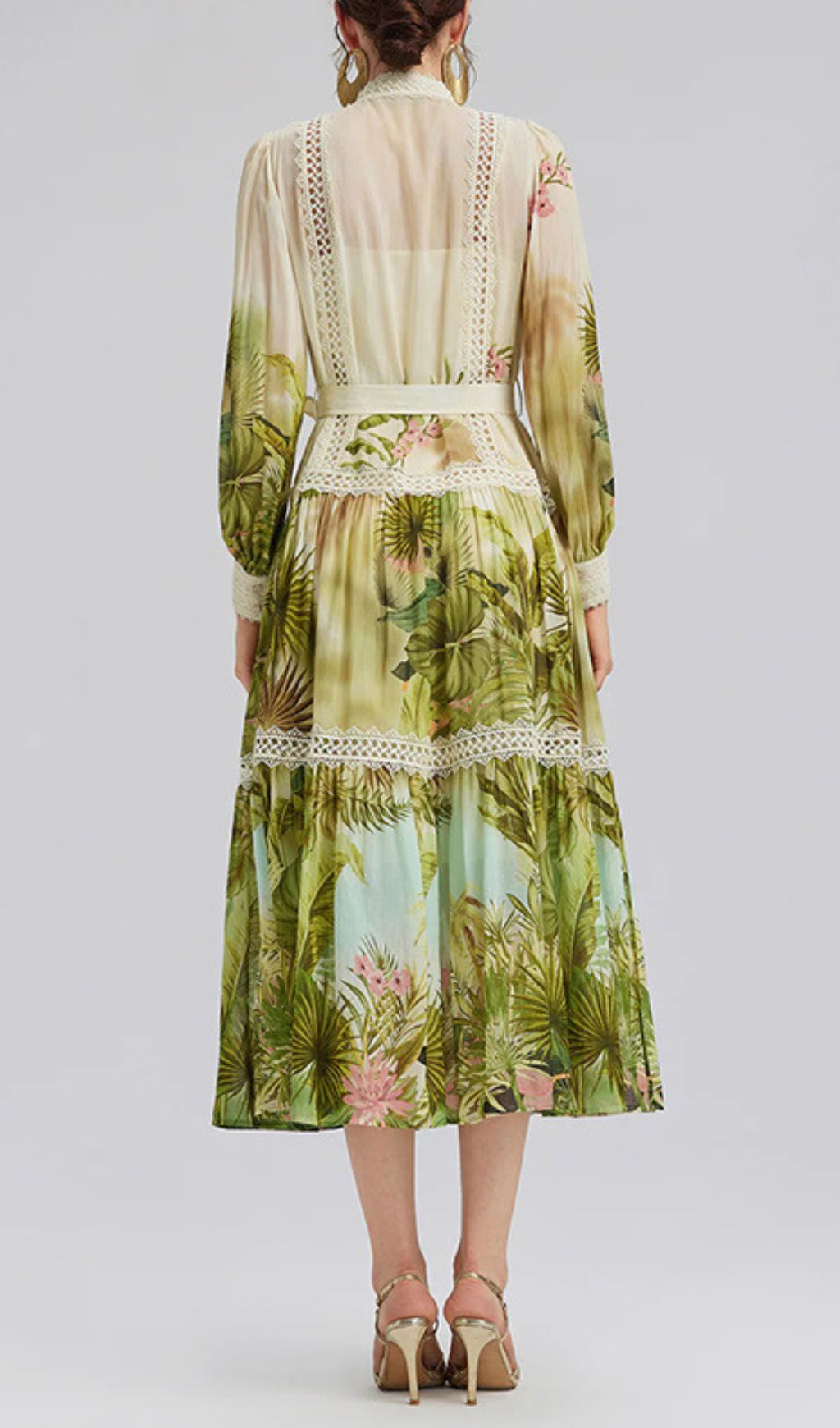 Fashionslee Women Hibiscus Printed Long Sleeve Midi Dress