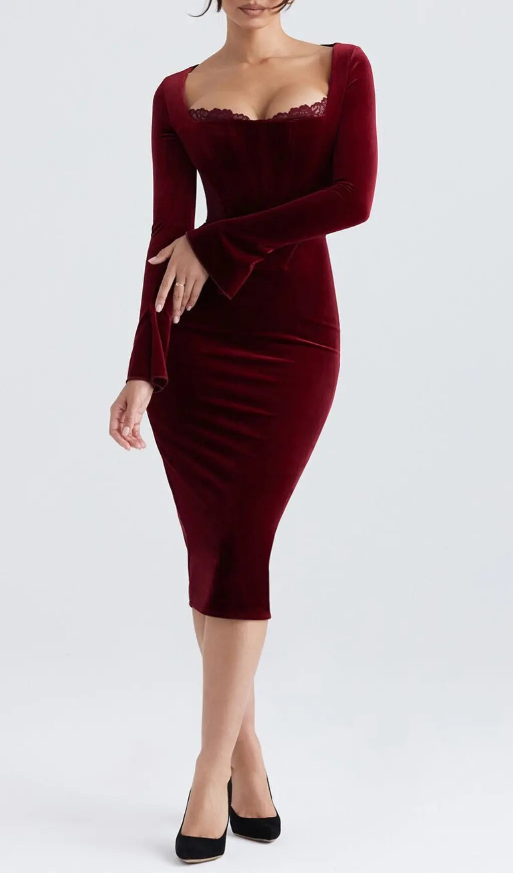 Fashionslee Women Wine Velvet Corset Dress