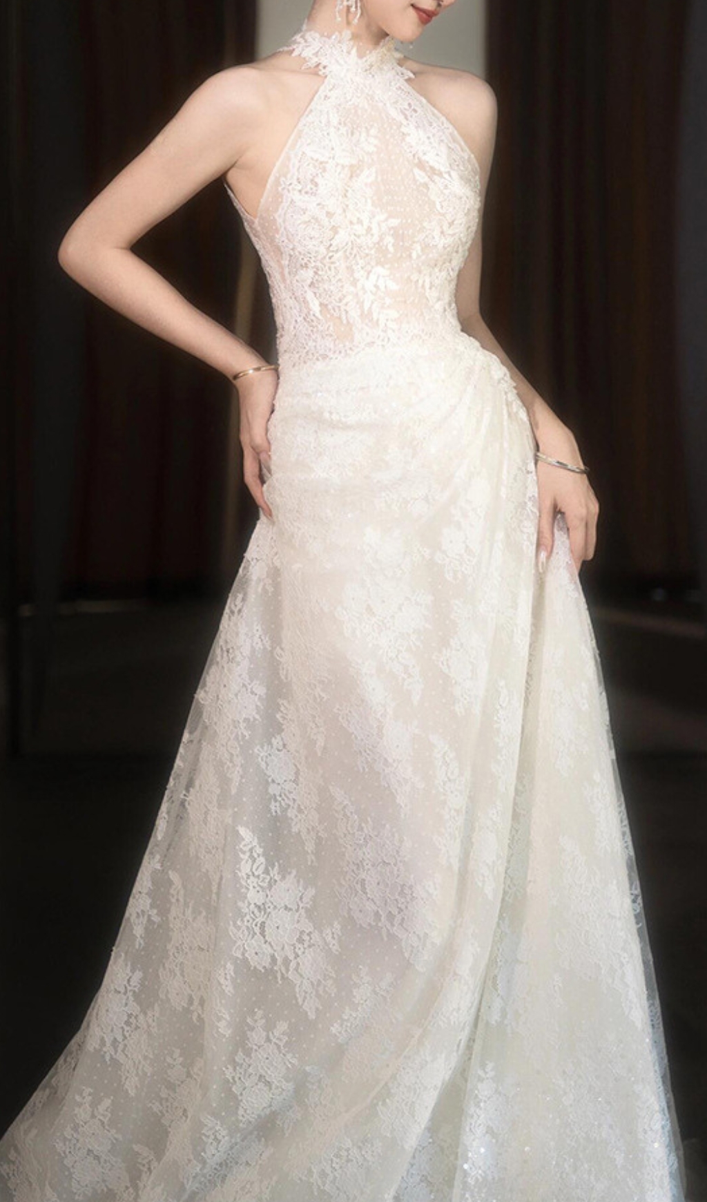 Fashionslee Women Dayanara White Halter Lace Wedding Dress