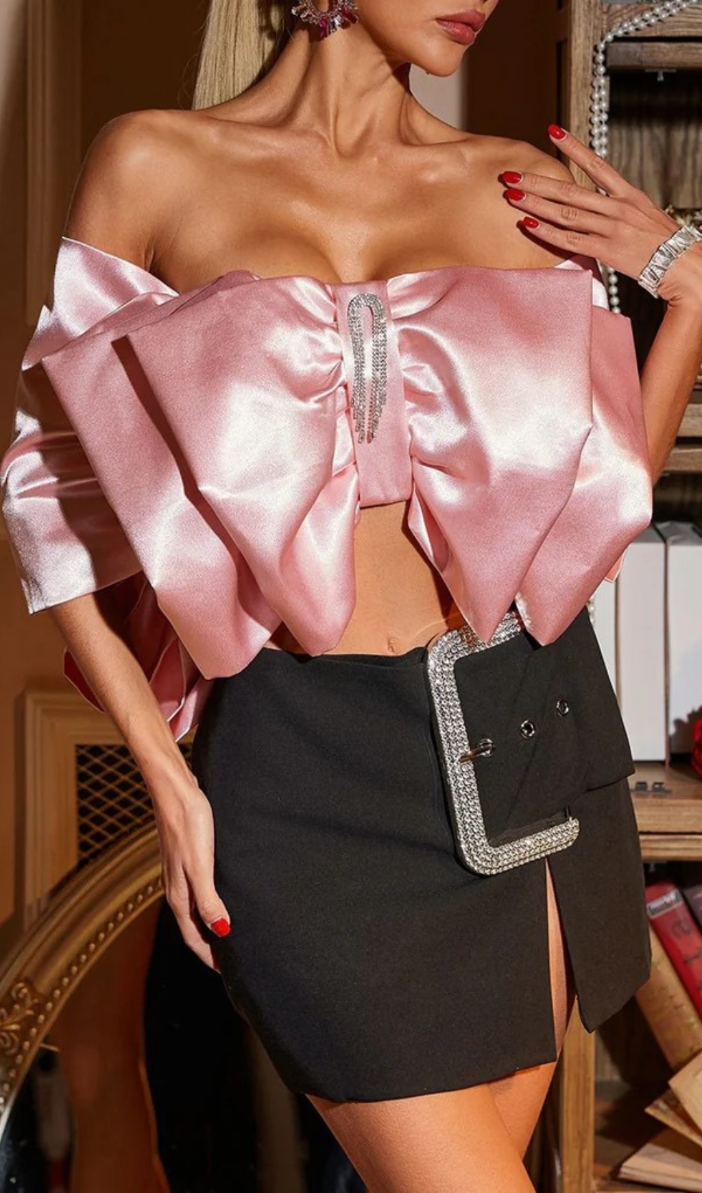 Fashionslee Women Rania Crystal Bow Satin Top
