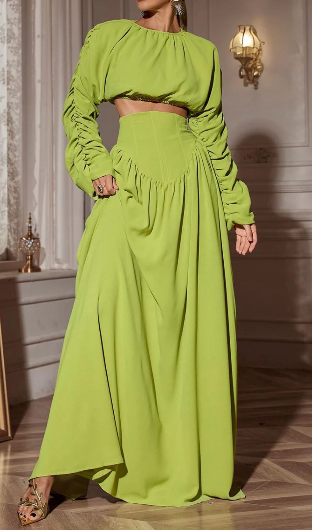 Fashionslee Women Cricket Green Long Sleeve Ruched Skirt Set