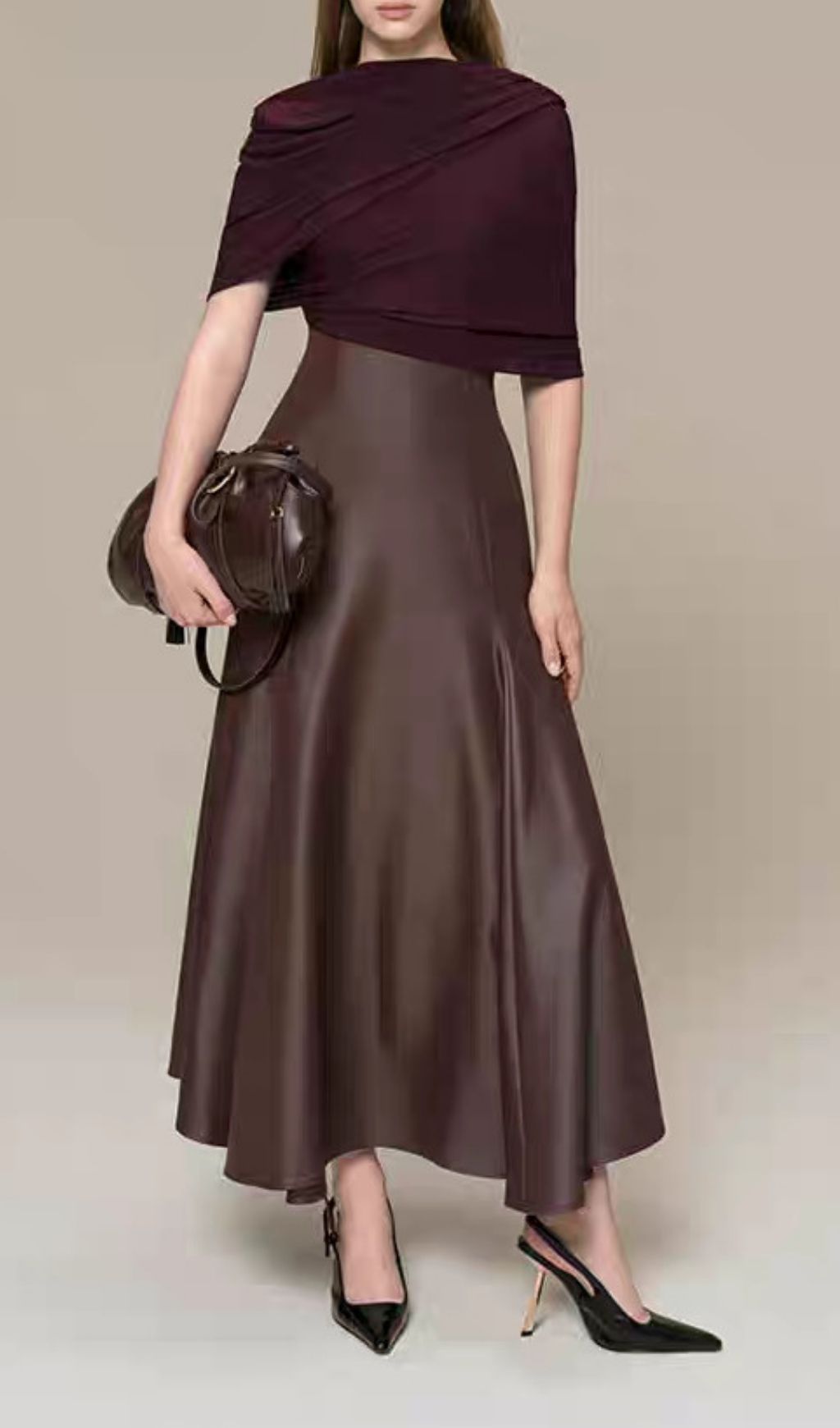 Fashionslee Women Kiona Coffee Leather Patchwork Maxi Dress