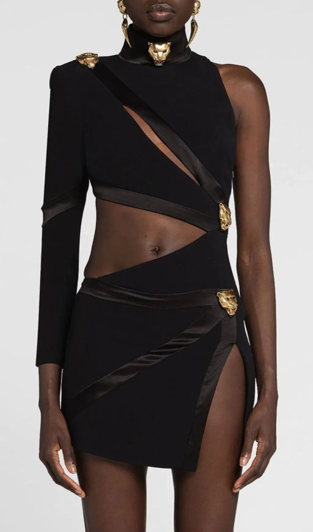 Fashionslee Women Panther Head Cut Out Asymmetric Mini Bandage Dress