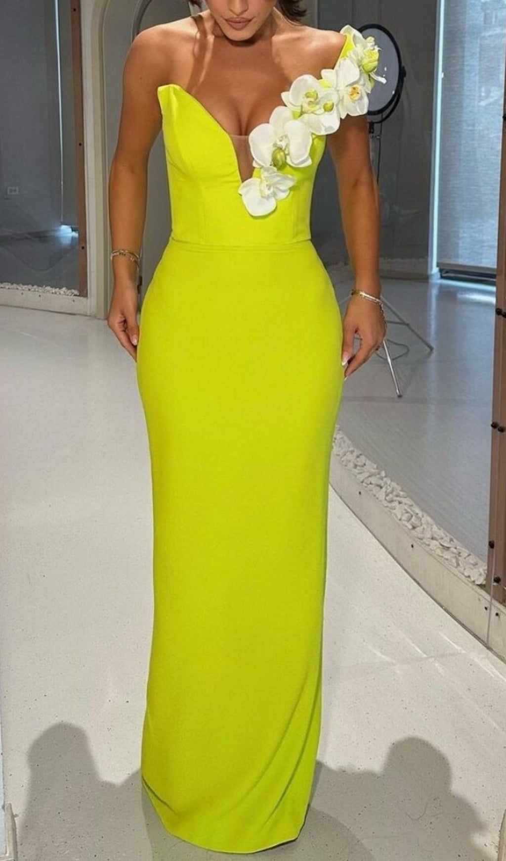 Fashionslee Women Baba Lime Flower One Shoulder Maxi Bandage Dress