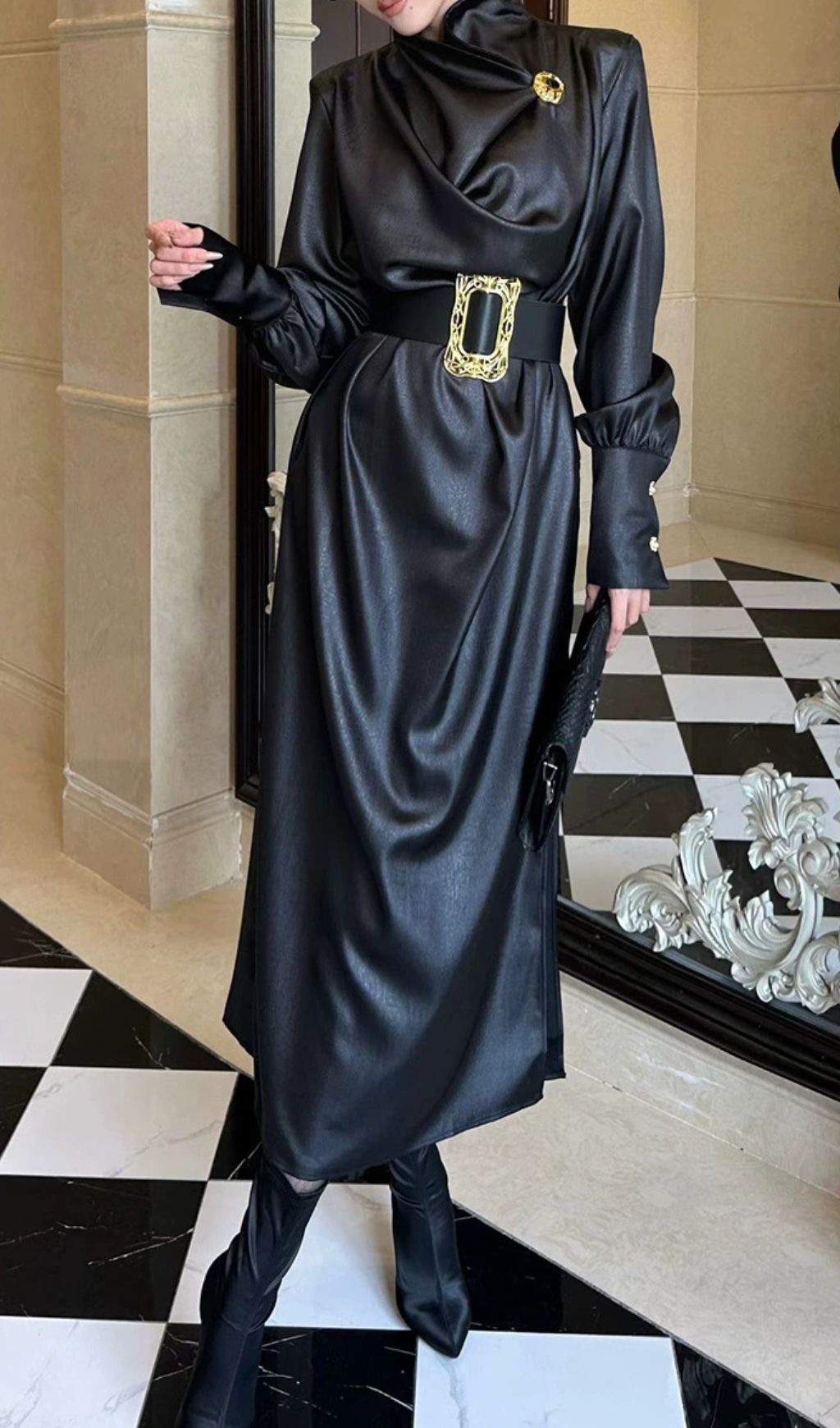 Fashionslee Women Imad Black Long Sleeve Belt Maxi Dress