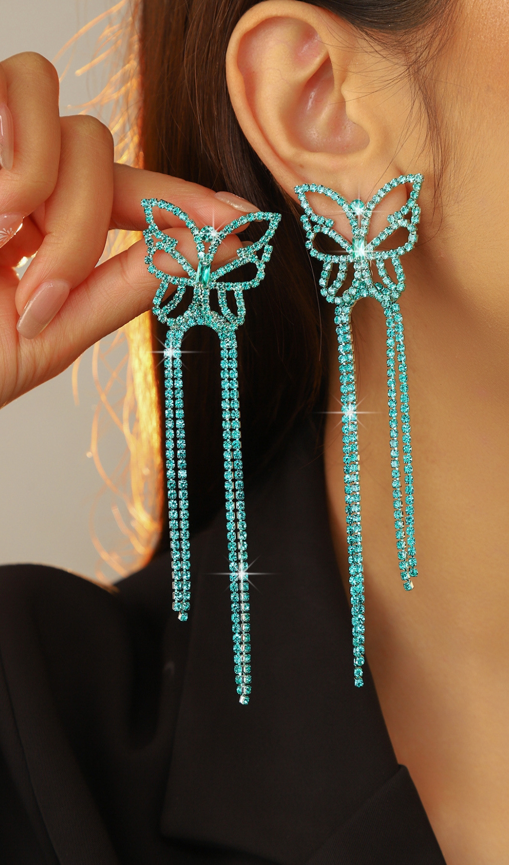 Fashionslee Women Dougal Blue Rhinestone Butterfly Tassel Earrings