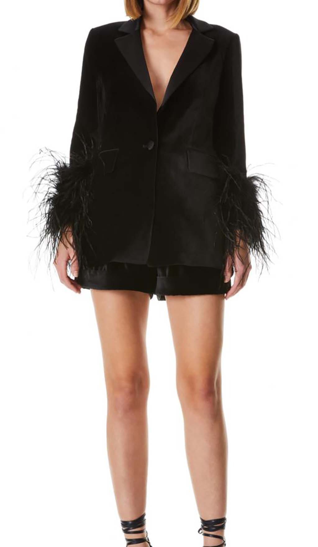 a5ea3d0f86774755cb0cf8b709447c05.jpeg Fashionslee Women Velvet Feather-Trim Jacket In Black