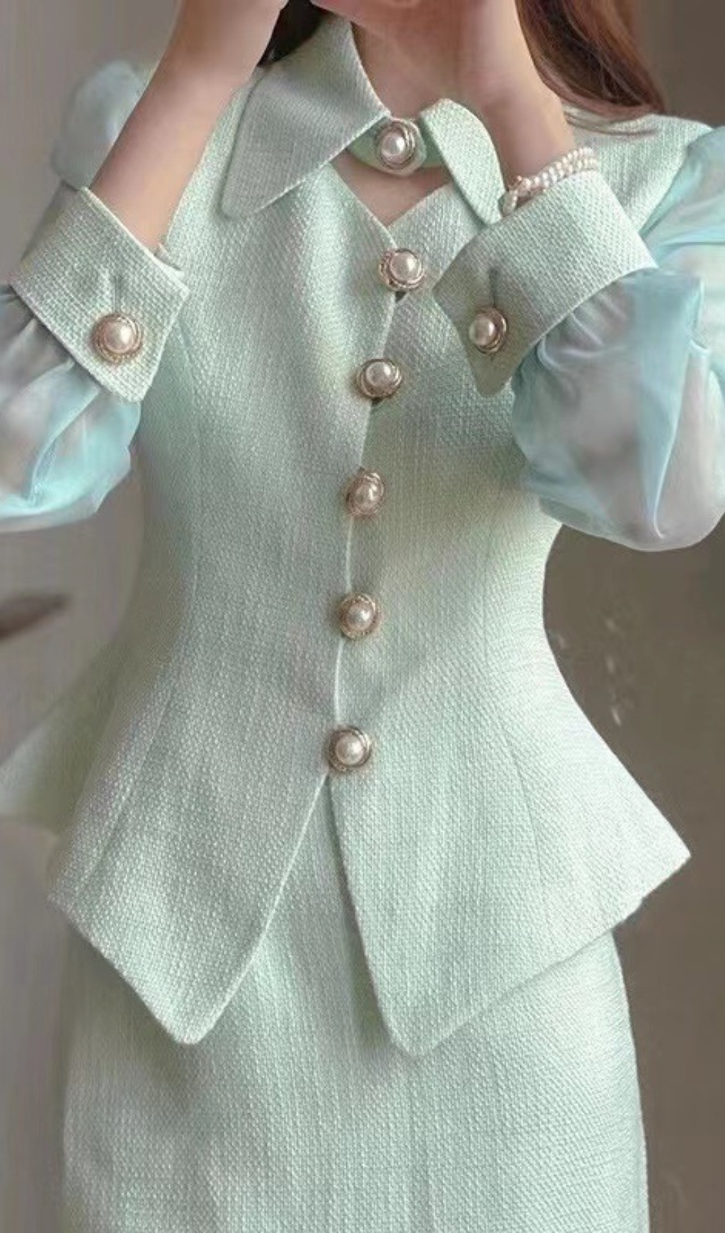 a5f4d618ca4e8e41cd1add1d6ce8476b.jpg Fashionslee Women Boston Green Pearl Button Bow Skirt Set