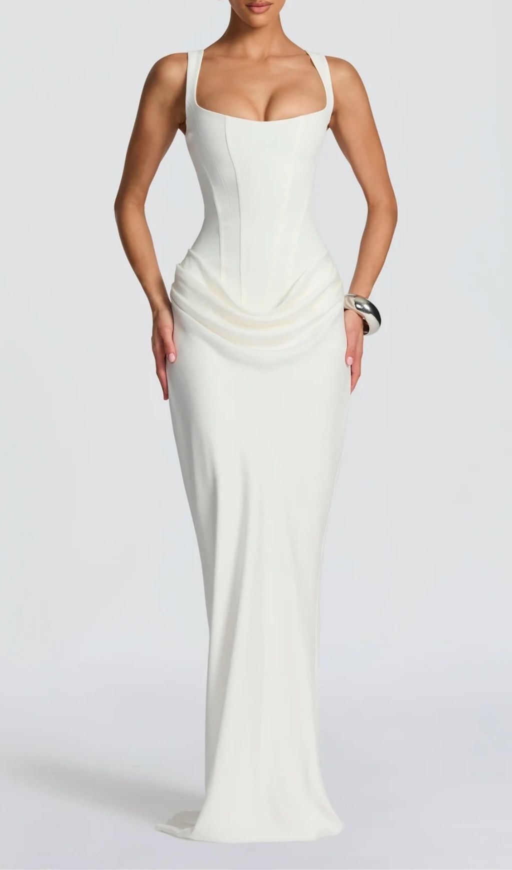 Fashionslee Women Keelia White Strappy Corset Ruched Maxi Dress