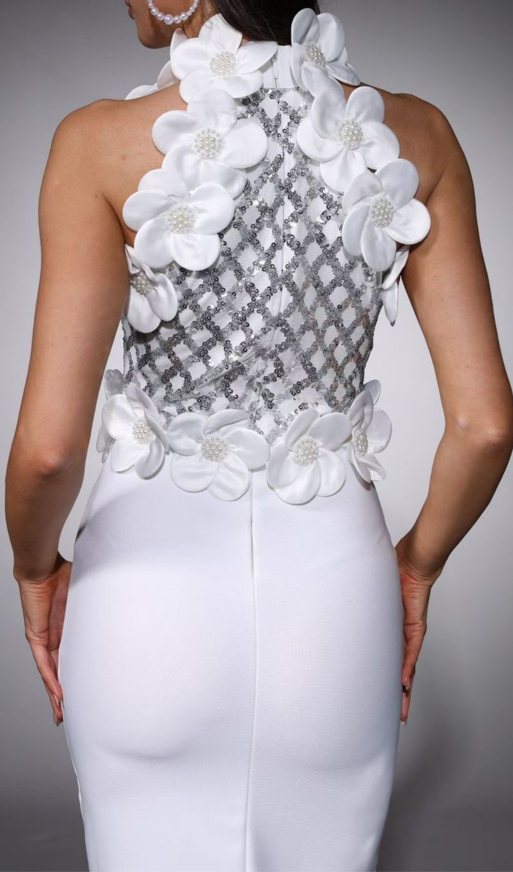 Fashionslee Women Kendi White Halter Flower Sequin Bandage Maxi Dress
