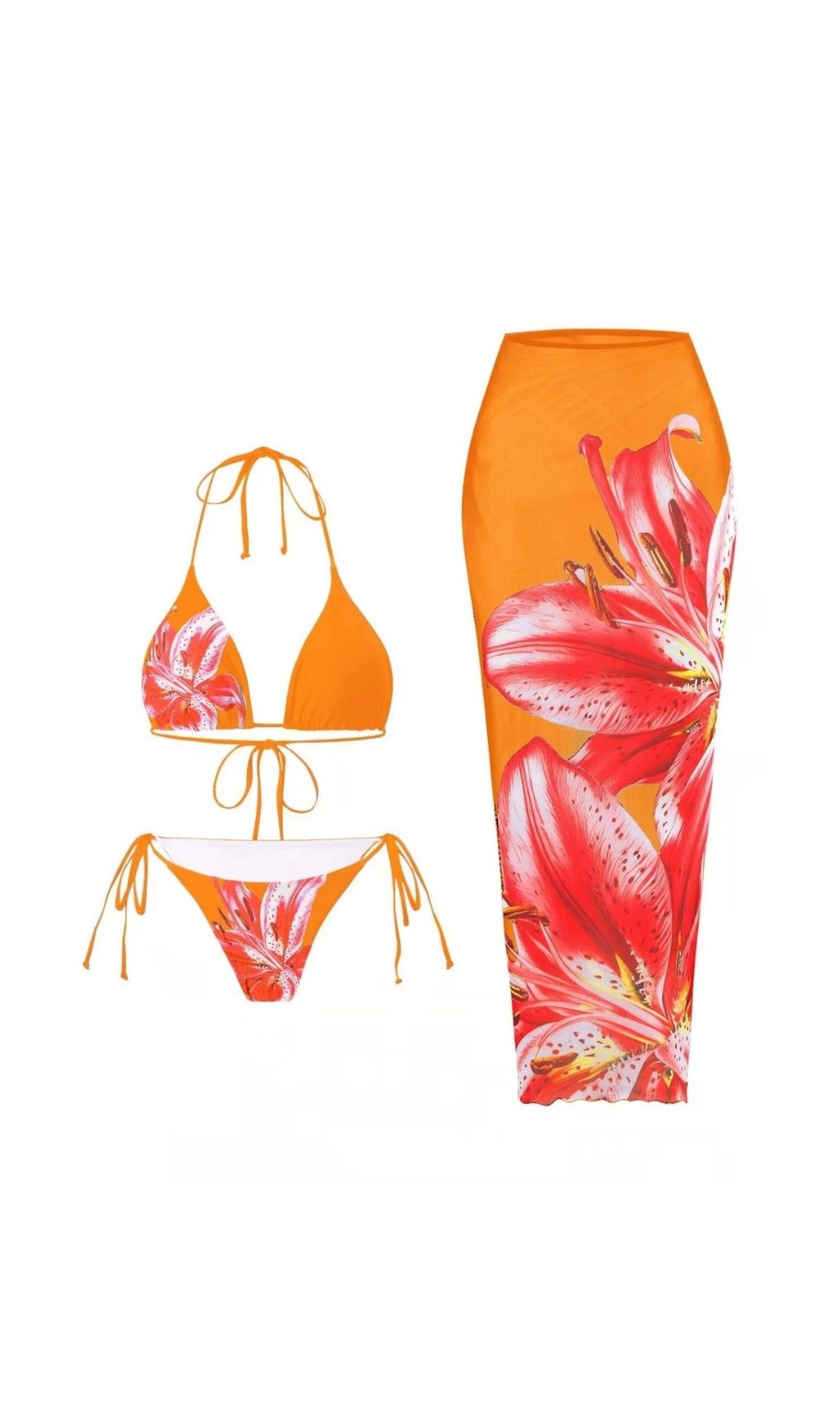 Fashionslee Women Grynn Floral Bikini Three Piece Set In Orange