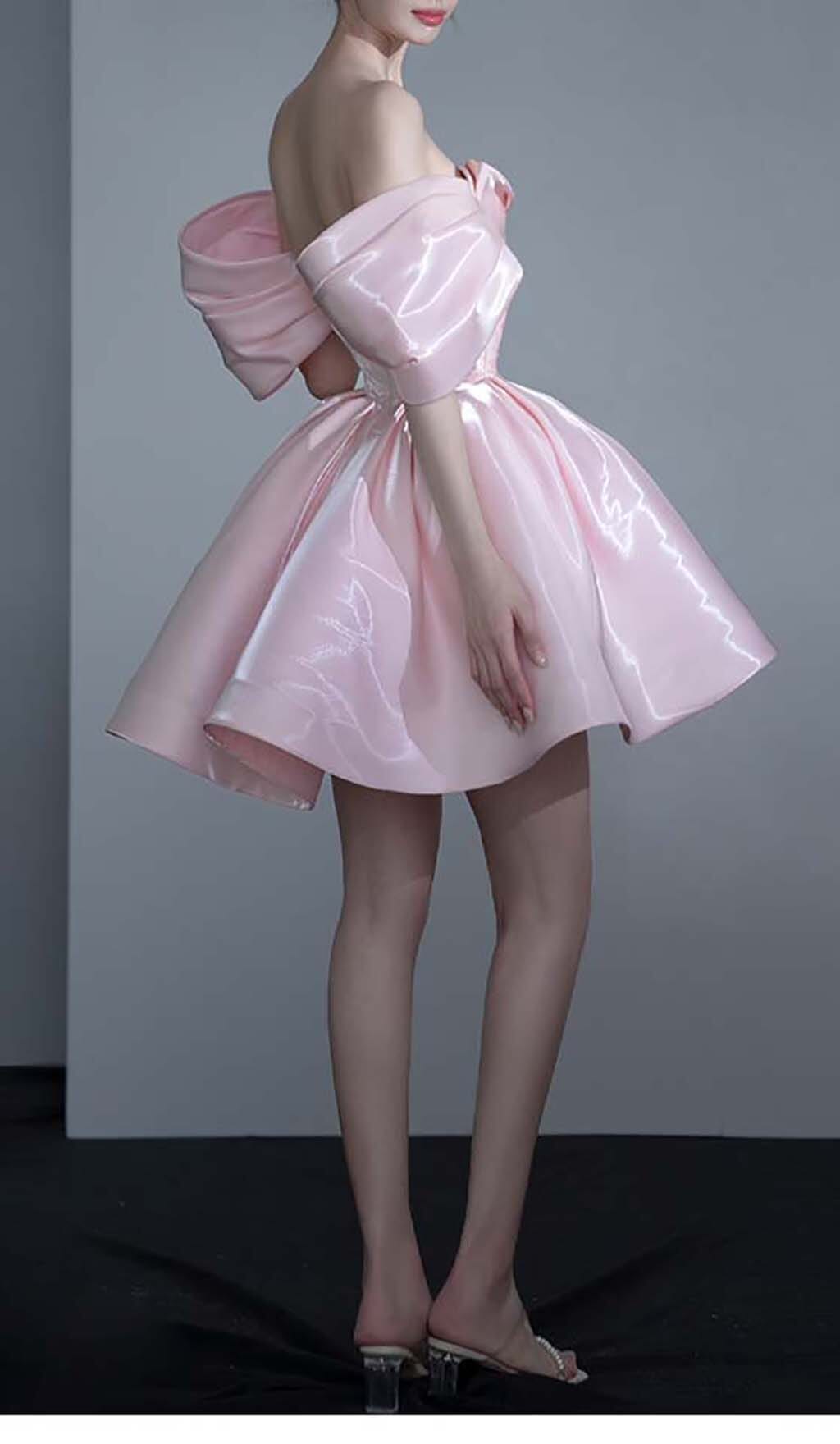 PINK SATIN OFF-SHOULDER MINI DRESS – VIRAL - OWNCI PINK SATIN OFF-SHOULDER MINI DRESS – VIRAL - OWNCI