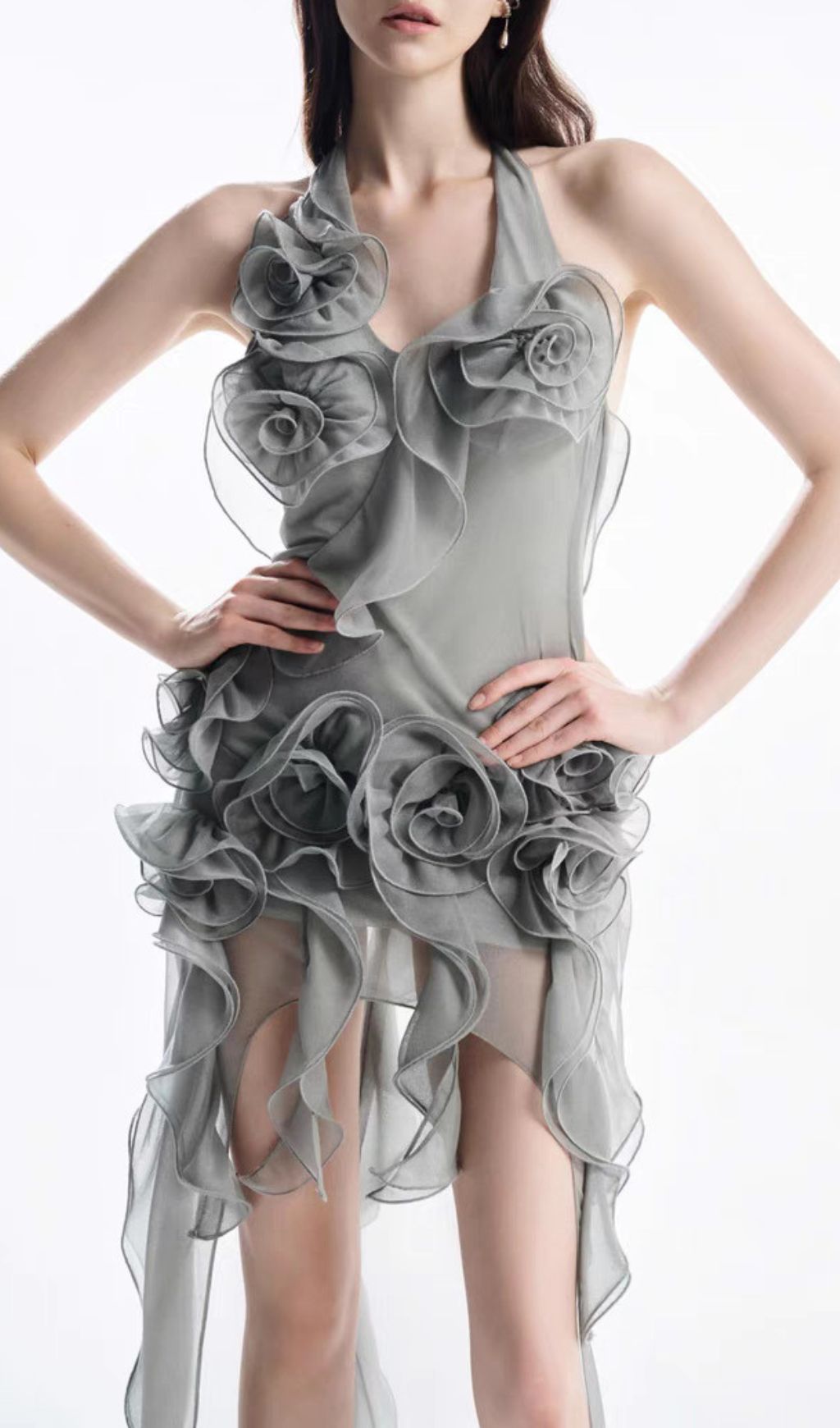 Fashionslee Women Hailey Grey Halter Flower Maxi Dress