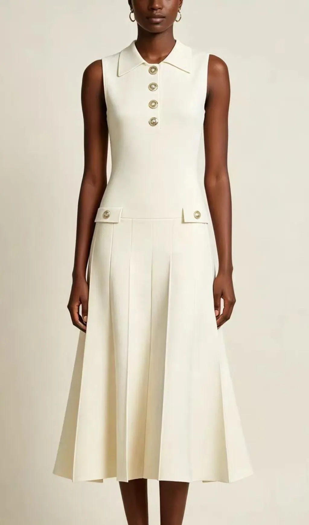 CREAM SLEEVELESS KNIT MIDI DRESS - TRENDING AESTHETIC
