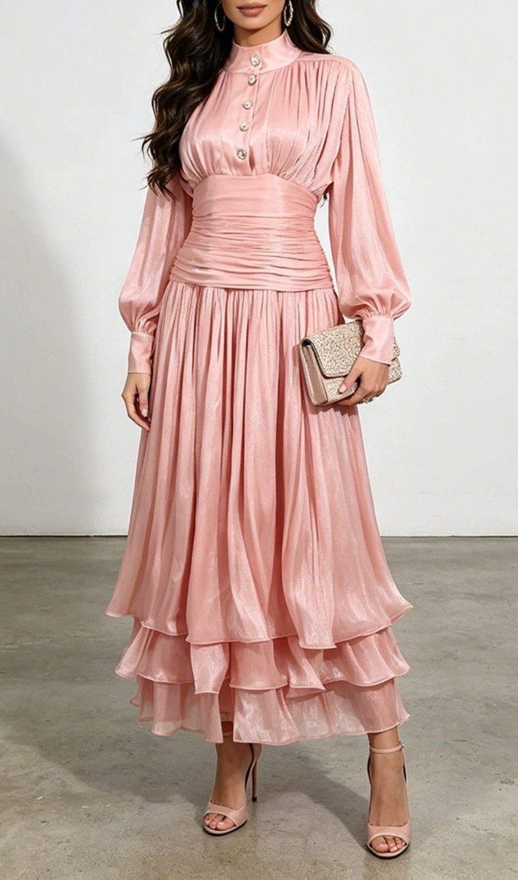 Fashionslee Women Klarika Pink Long Sleeve Maxi Dress
