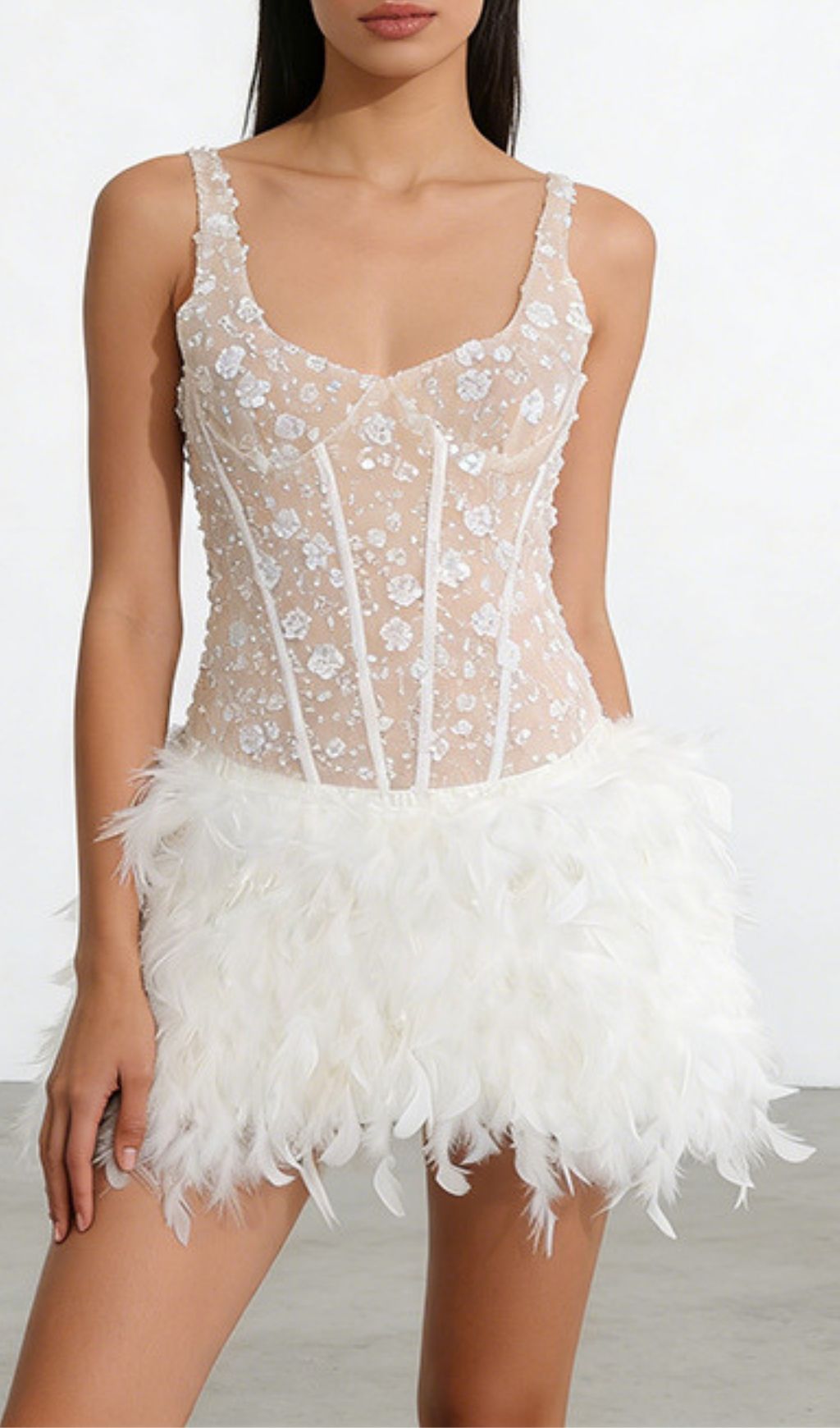 Fashionslee Women Kera Flower Sequin Feather Mini Dress