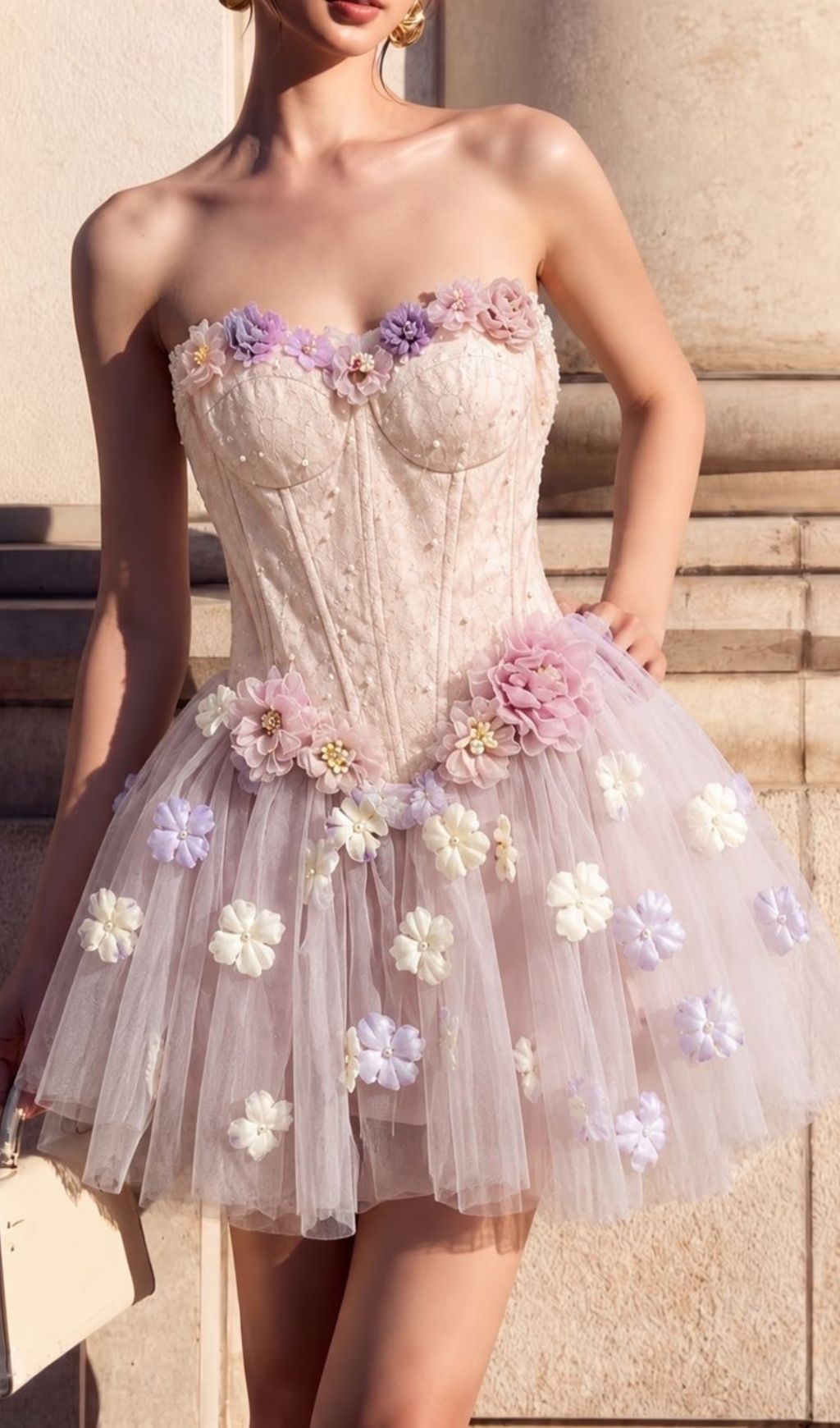 Fashionslee Women Kya Strapless Corset Flower Mesh Mini Dress