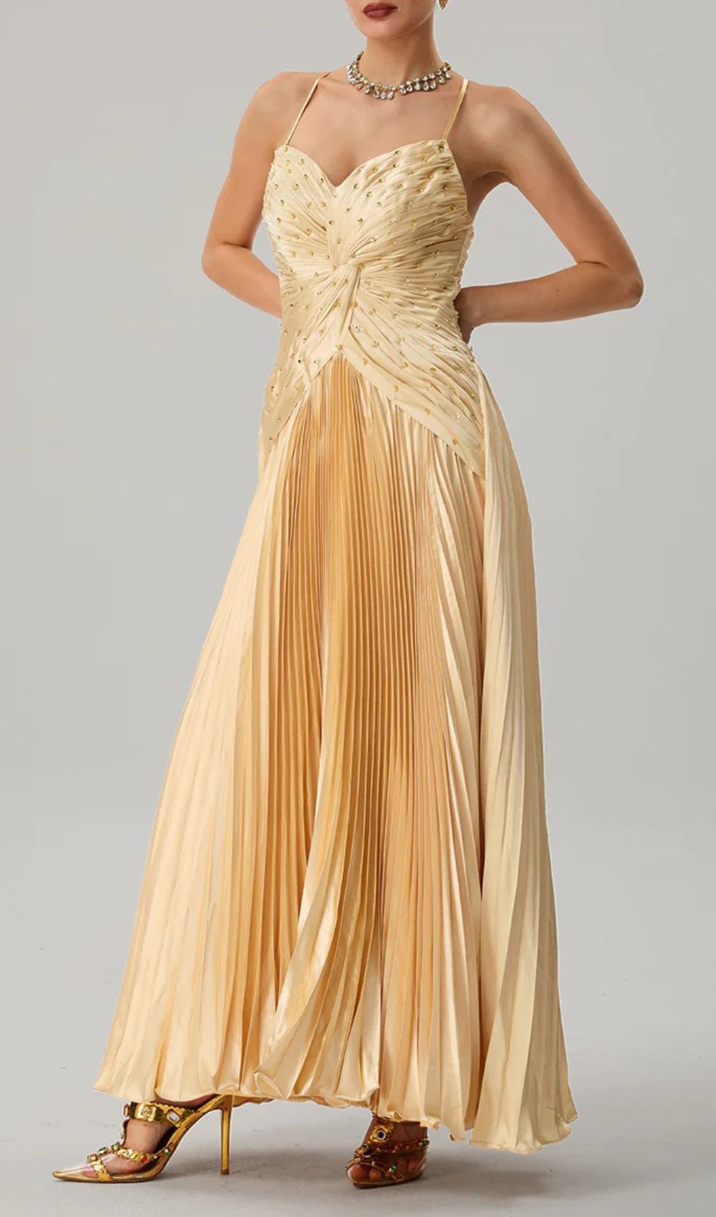 Fashionslee Women Jagtopo Spaghetti Twisted Pleated Maxi Dress