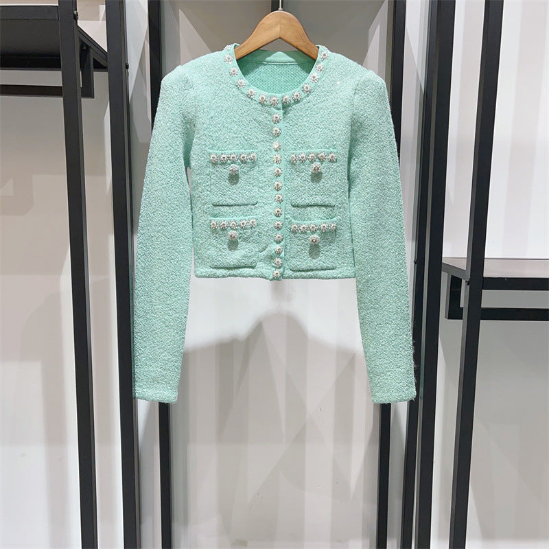 a77a219f75293a32142453ba1a96d9db.jpeg Fashionslee Women Admiral Mint Sequin Knit Cardigan Set