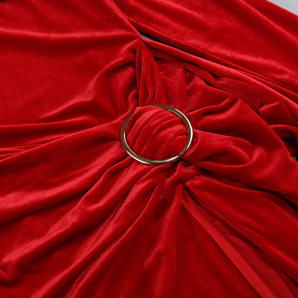 Fashionslee Women Jahanna Red Long Sleeve Ruched Velvet Maxi Dress