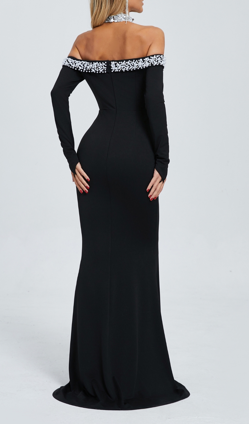 Fashionslee Women Damir Black Pearl Long Sleeve Maxi Dress