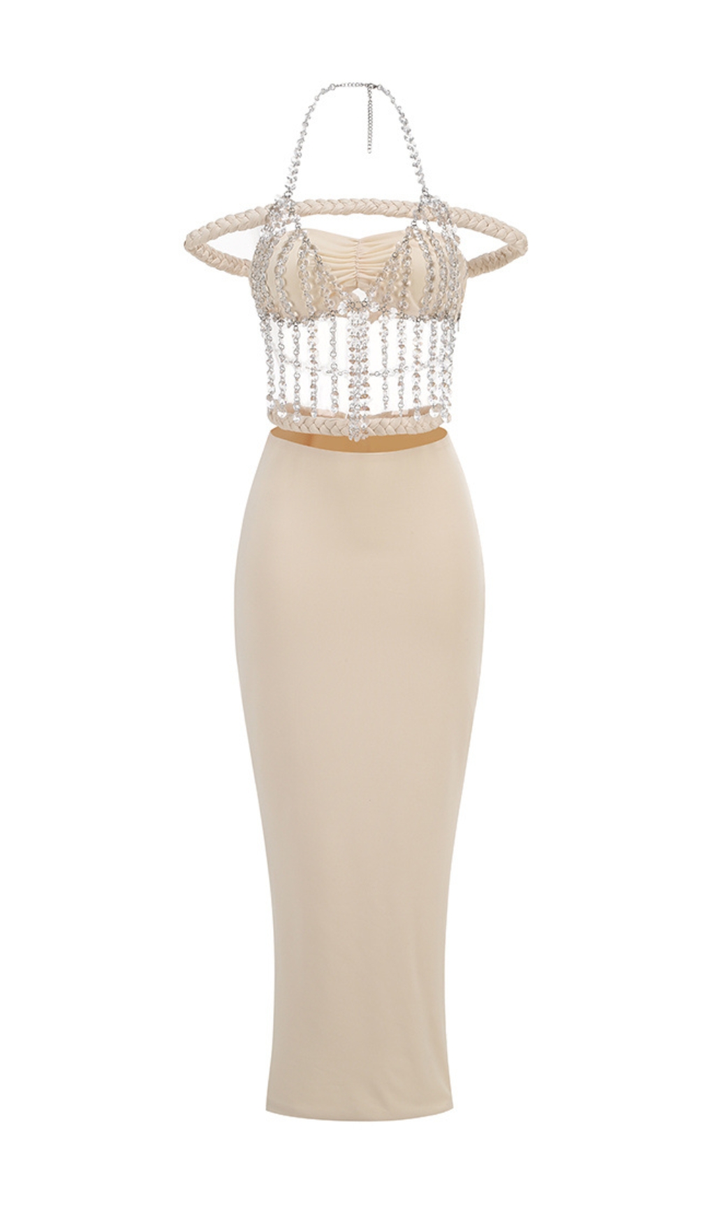 Fashionslee Women Dominica Halter Crystal Bardot Maxi Dress Ivory