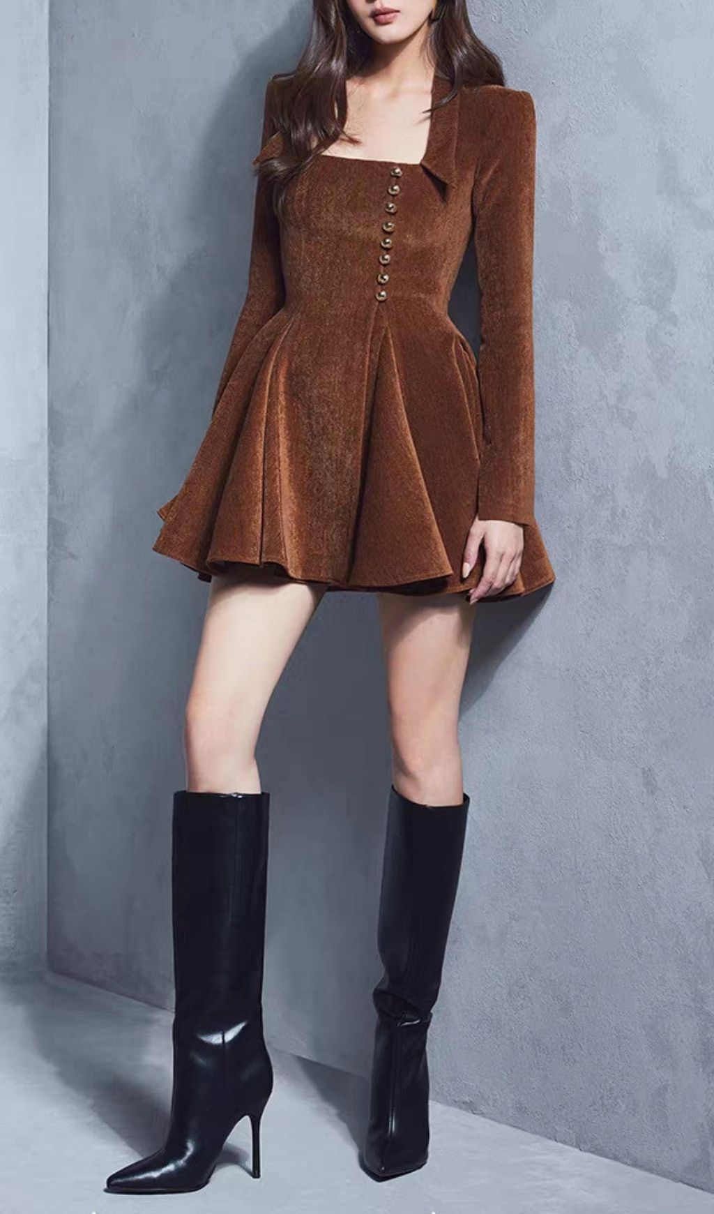 Fashionslee Women Kellie Brown Long Sleeve Velvet Mini Dress