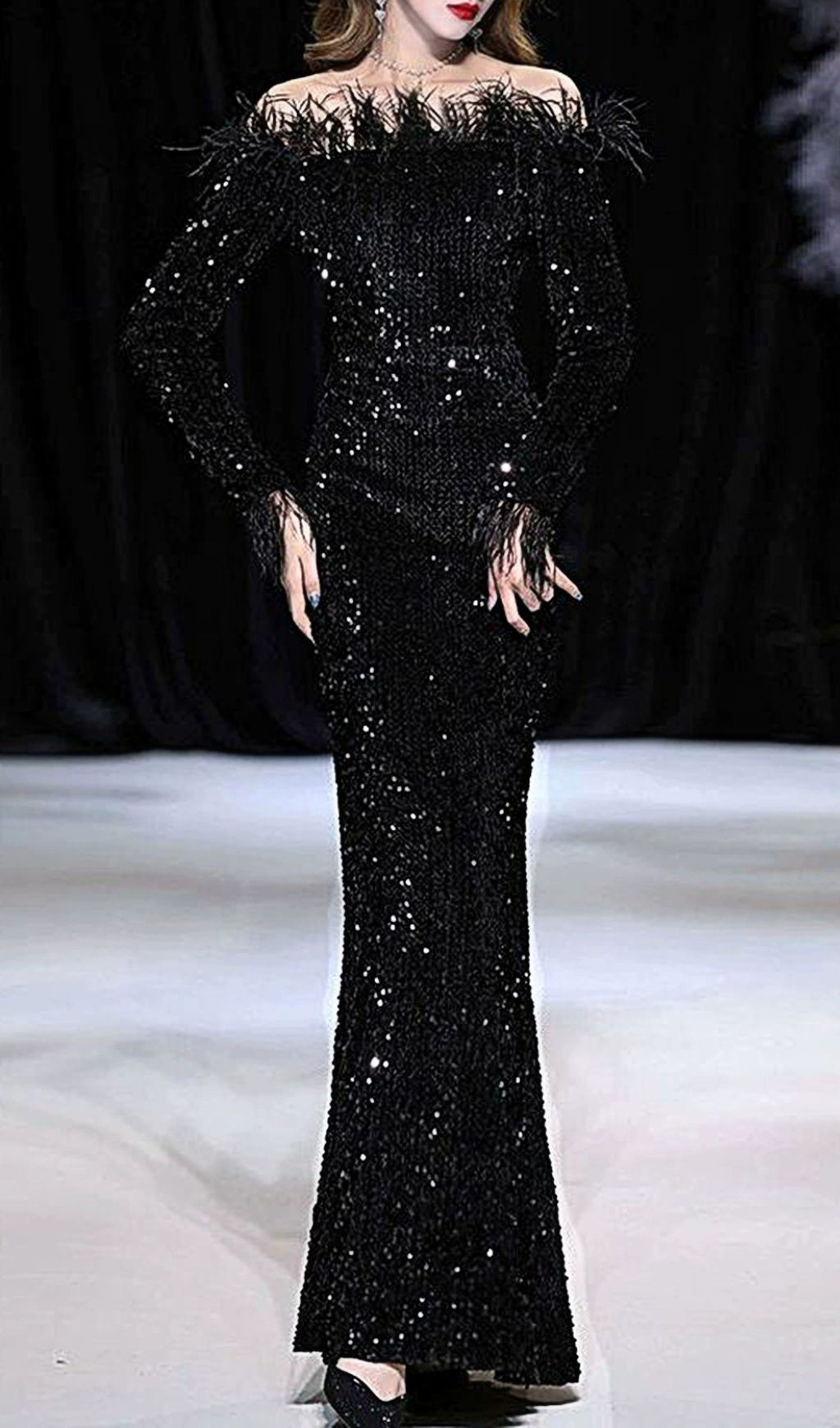 Fashionslee Women Sequin Sexy Off Shoulder Feather Long Sleeves Gown In Black