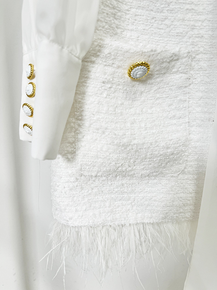 a8950b42c5147db2da6db5e0ca5ad1af.jpg Fashionslee Women Bush White Feather-Trim Tweed Mini Dress