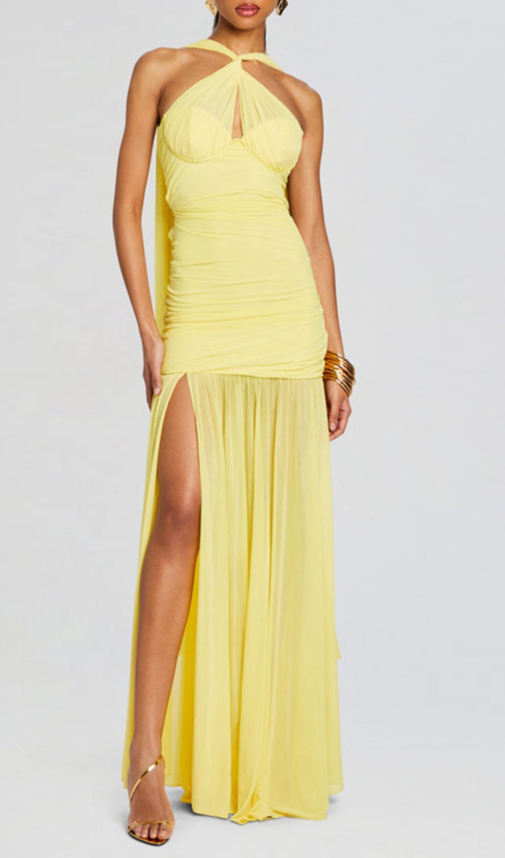 Fashionslee Women Bryony Yellow Halter Ruched Maxi Dress