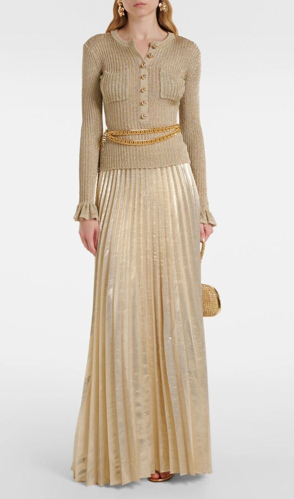 Fashionslee Women Gold Lurex Ribbed Knit Maxi Dress
