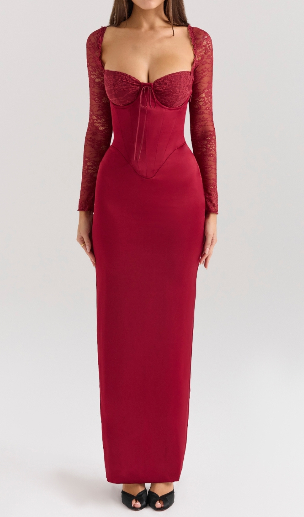Fashionslee Women Cazzie Red Lace Long Sleeve Maxi Dress