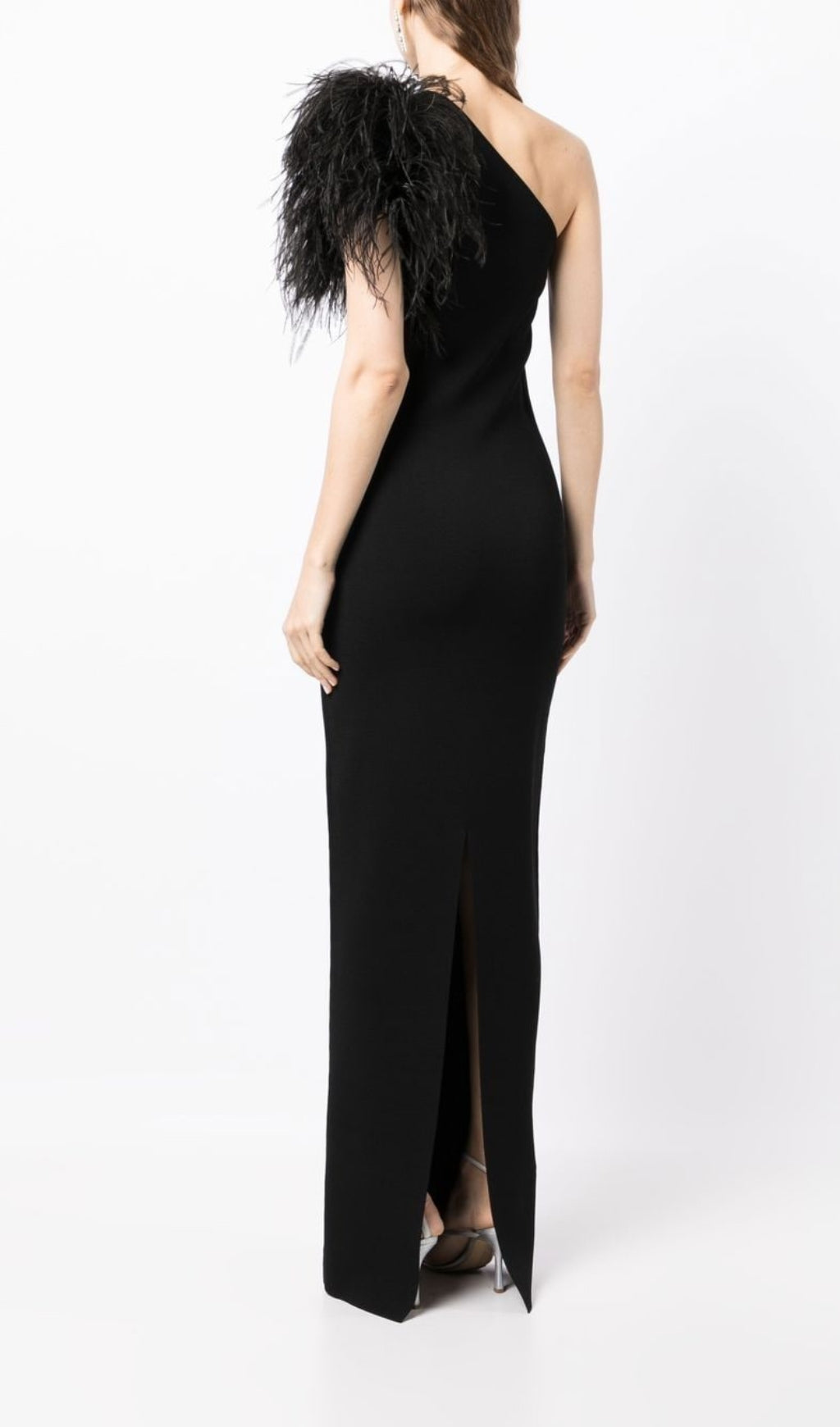 Fashionslee Women Black One-Shoulder Feather Maxi Dress