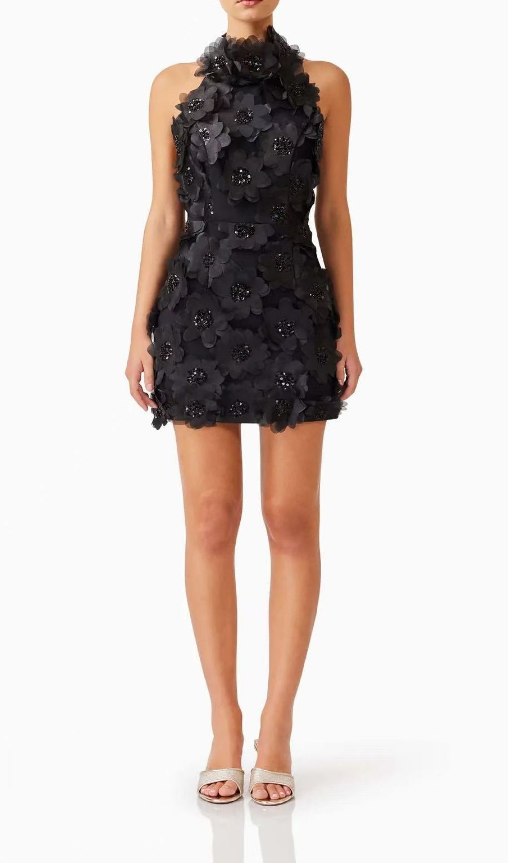Fashionslee Women Pavryn Black Halterneck Sequin Flower Mini Dress