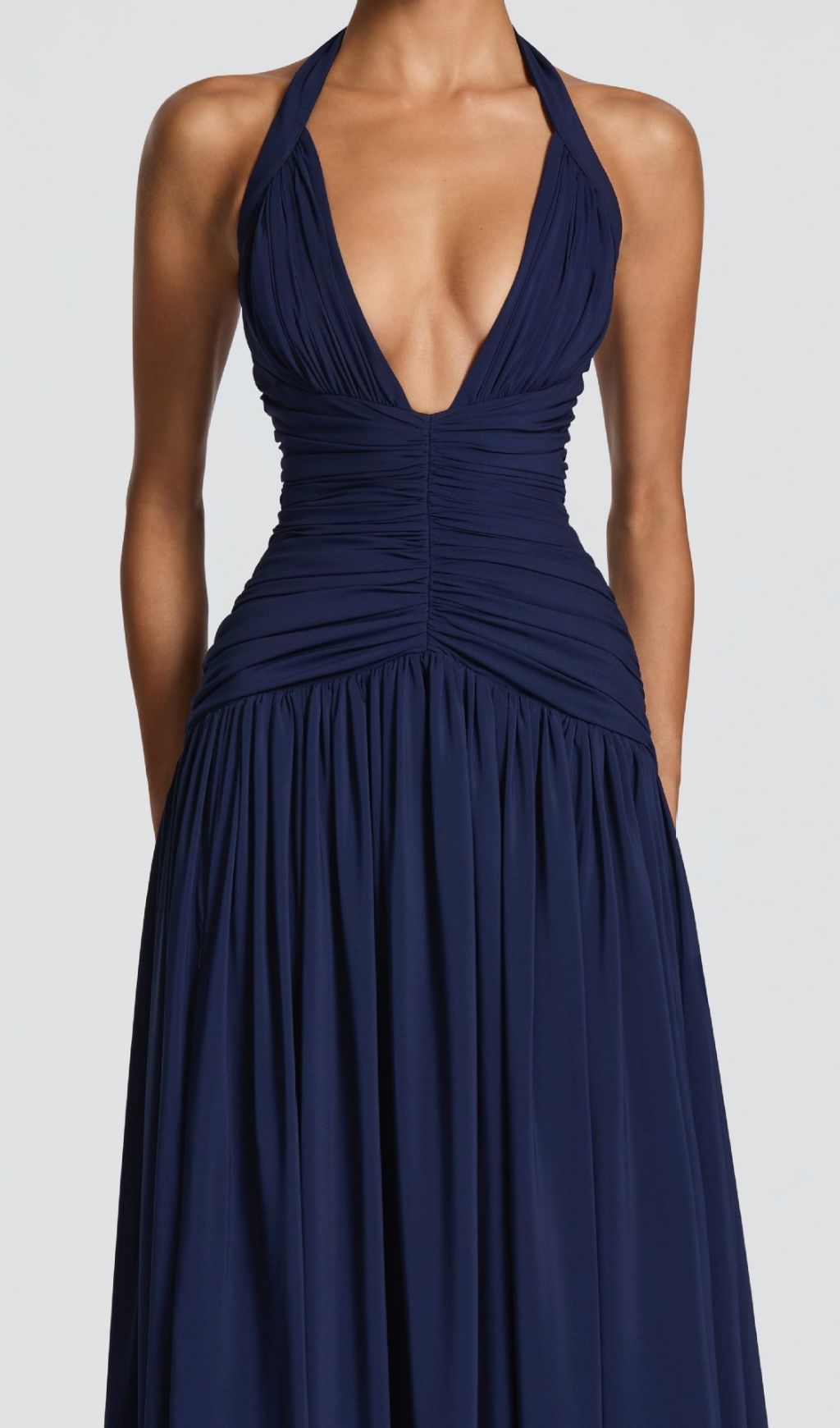 Fashionslee Women Kelley Navy Halter Ruched Maxi Dress