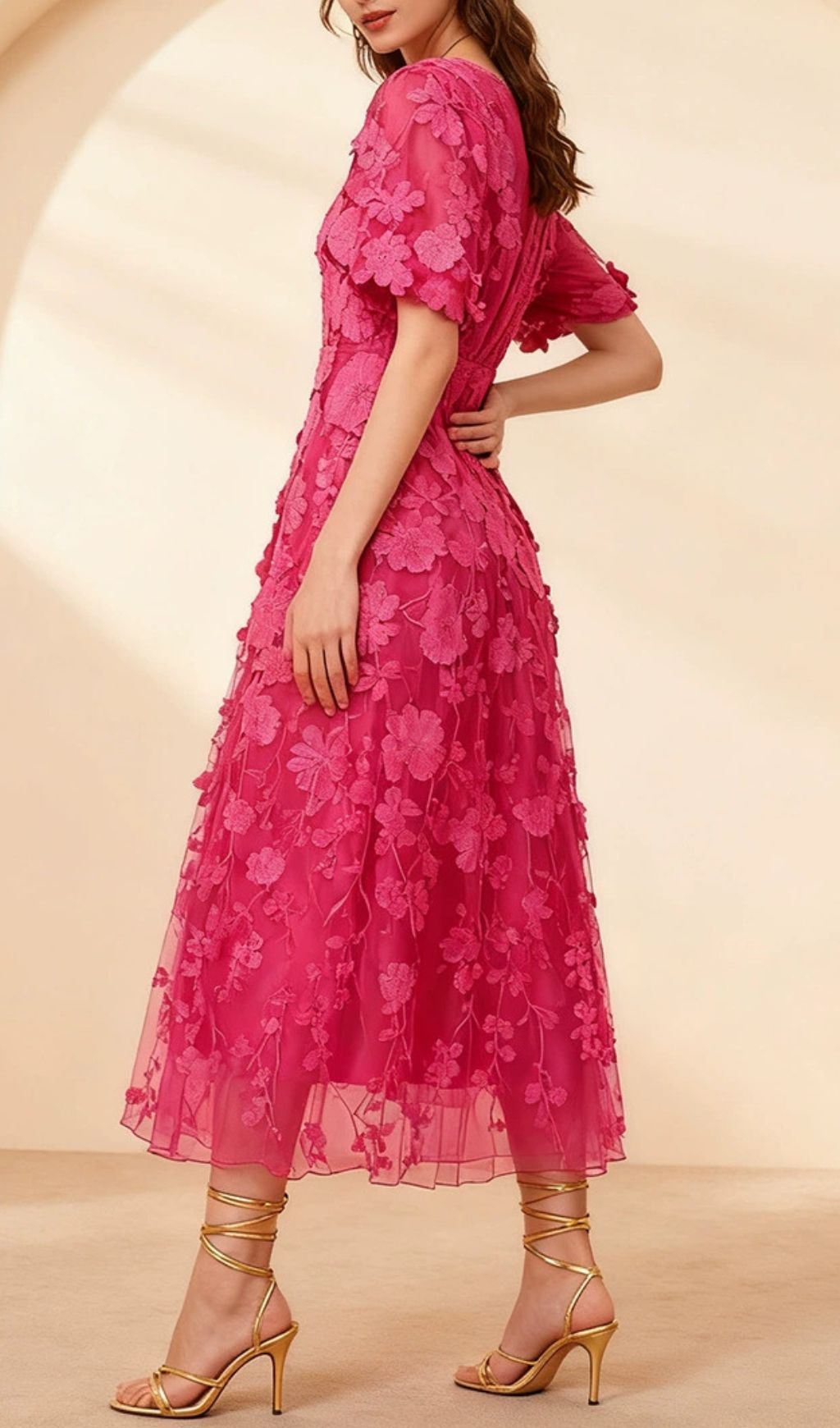 Fashionslee Women Ilka Pink Flower Embroidery Midi Dress