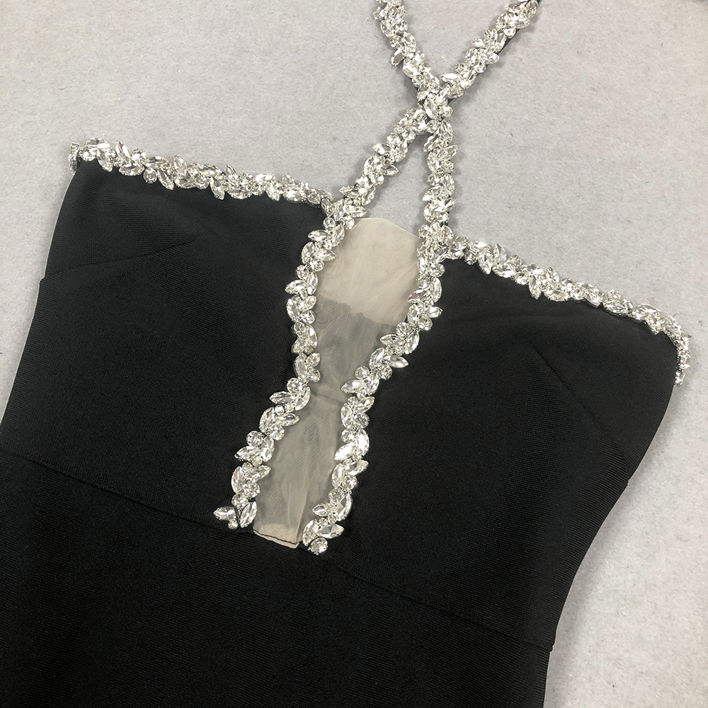 Fashionslee Women Bellini Black Halter Crystal Maxi Dress