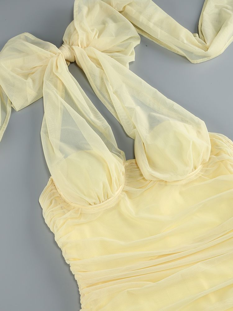 Fashionslee Women Bryony Yellow Halter Ruched Maxi Dress