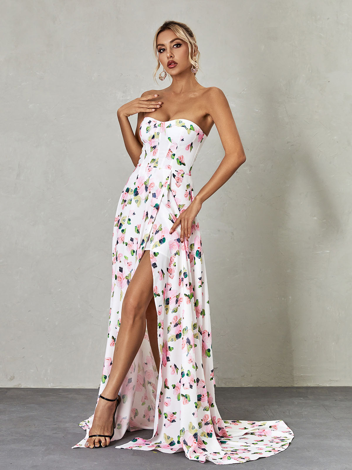 aa189cab8ac65ebe0f8d9cdd17c693e3.jpeg Fashionslee Women Strapless Floral Split Maxi Dress