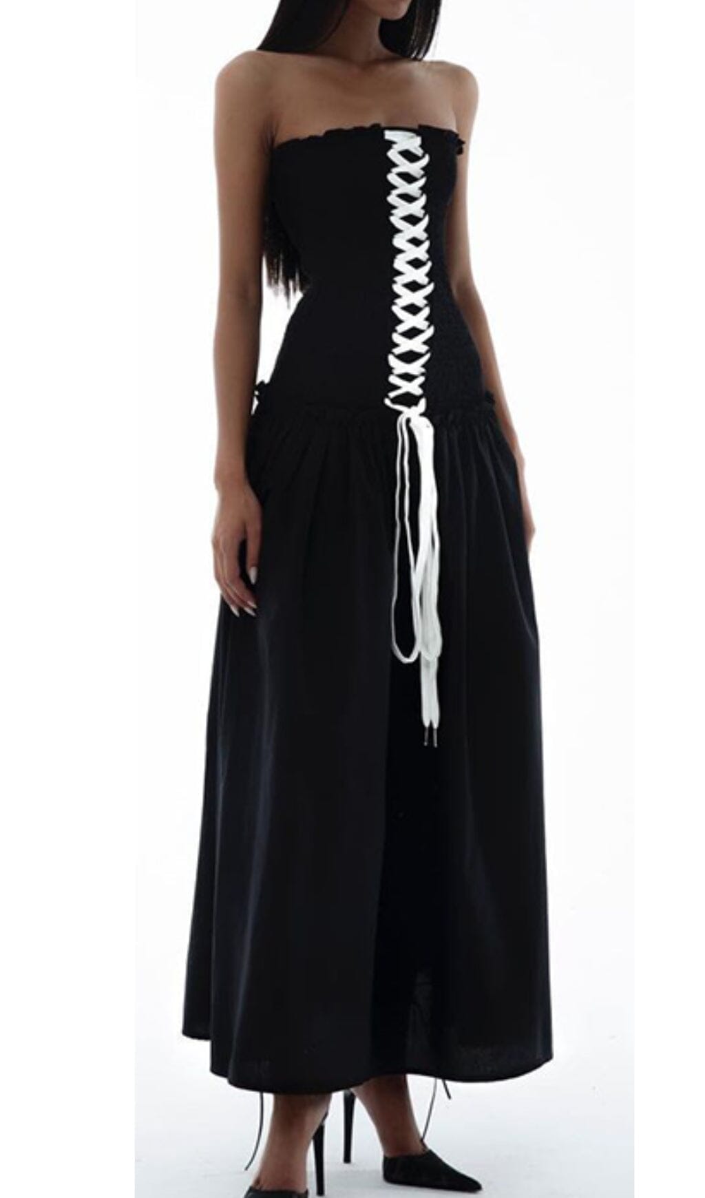 Fashionslee Women Front Lace Up Strapless Maxi Dress In Black