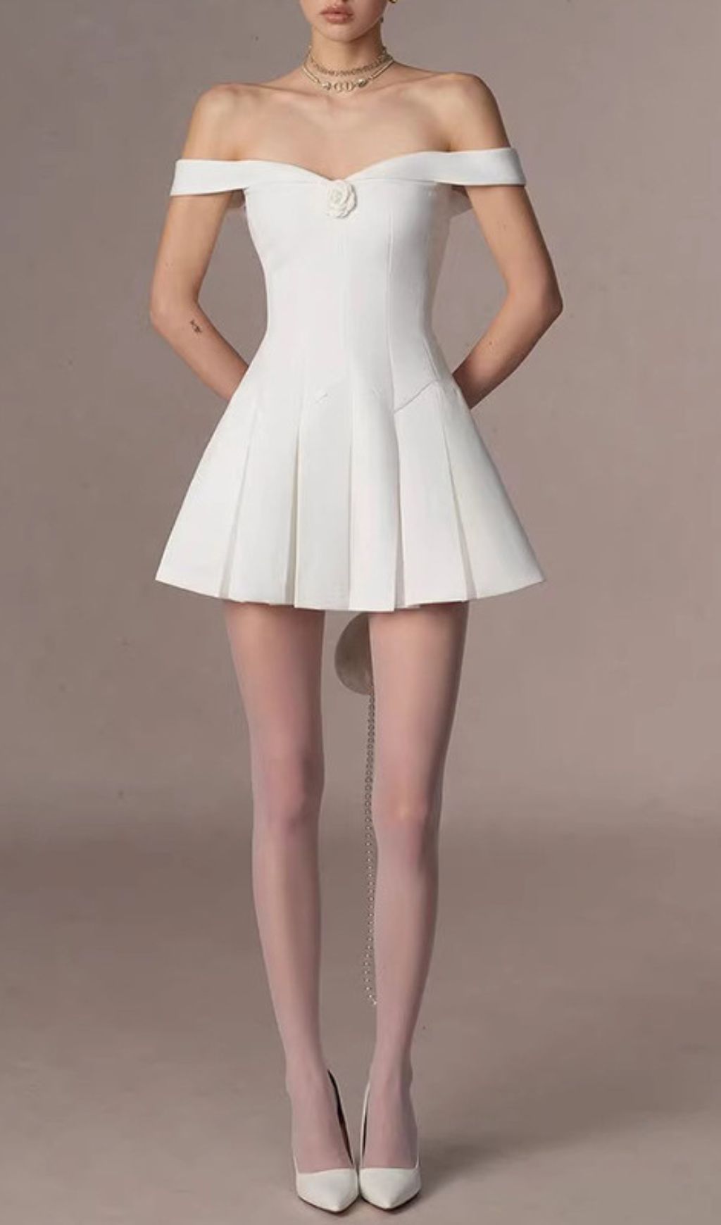 Fashionslee Women Gertie White Off-Shoulder Flower Mini Dress