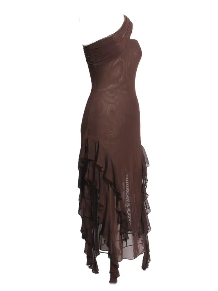 VINTAGE ASYMMETRIC SHEER RUFFLE DRESS - OWNCI VINTAGE ASYMMETRIC SHEER RUFFLE DRESS - OWNCI