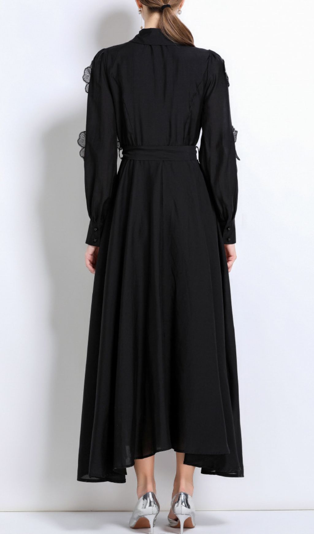Fashionslee Women Holly Black Flower Long Sleeve Midi Dress